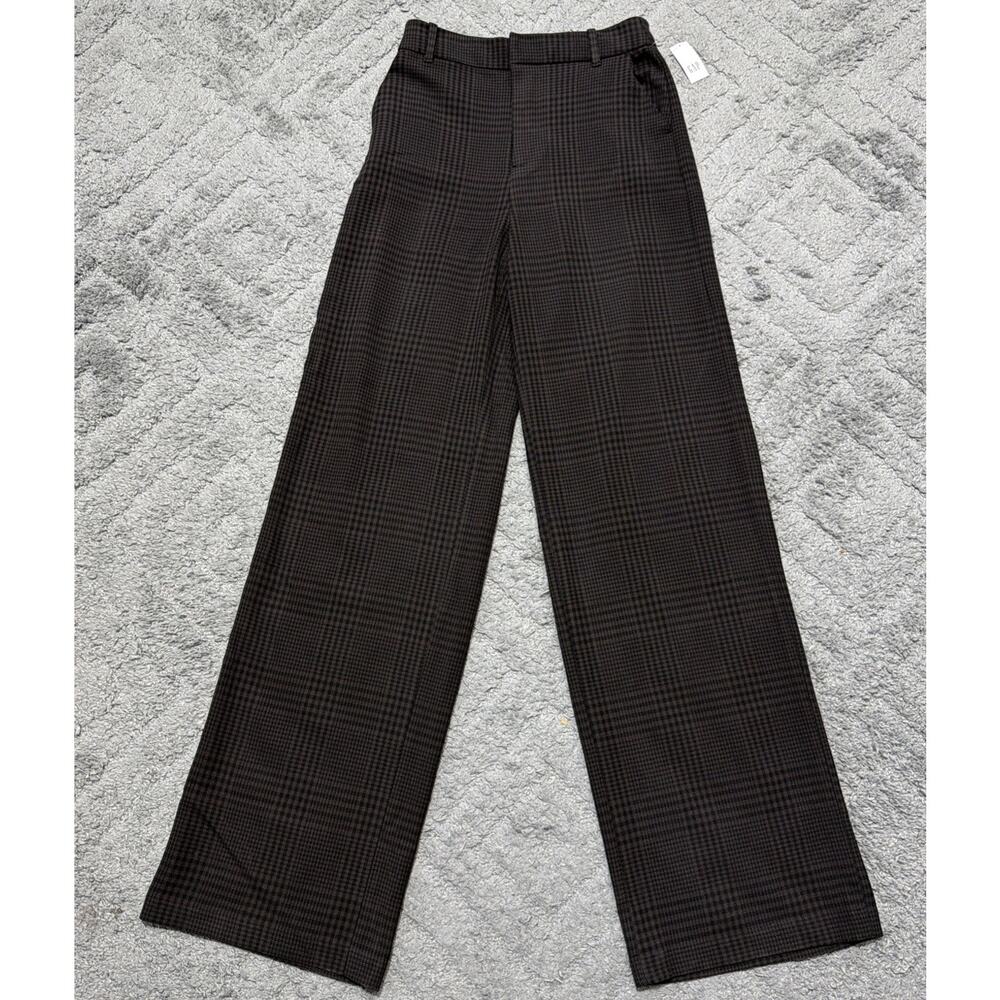 Gap High Rise Wide Leg Pants Black Plaid Womens 4 Long Twill Stretch Trouser NWT